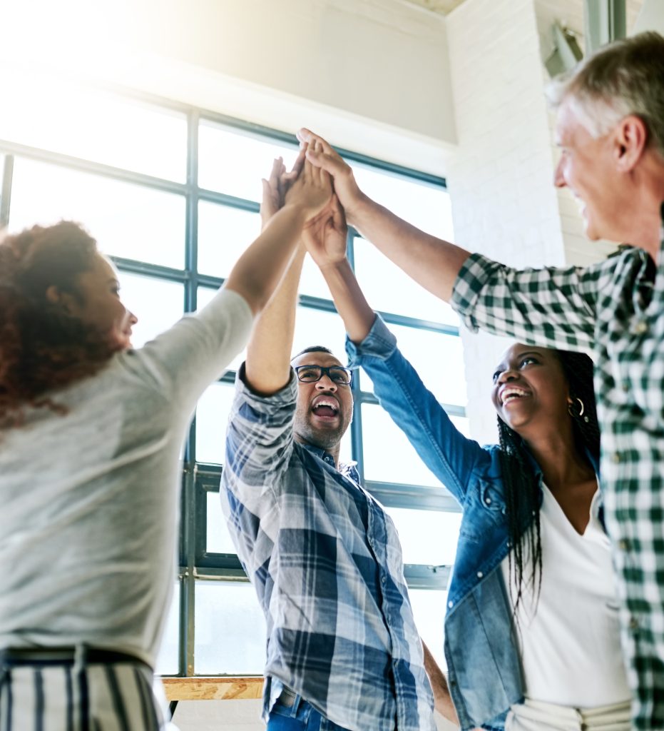 Business people, circle and high five with smile, celebration and connection in support with diversity. Men, woman and solidarity in scrum with teamwork, synergy and link with motivation at startup
