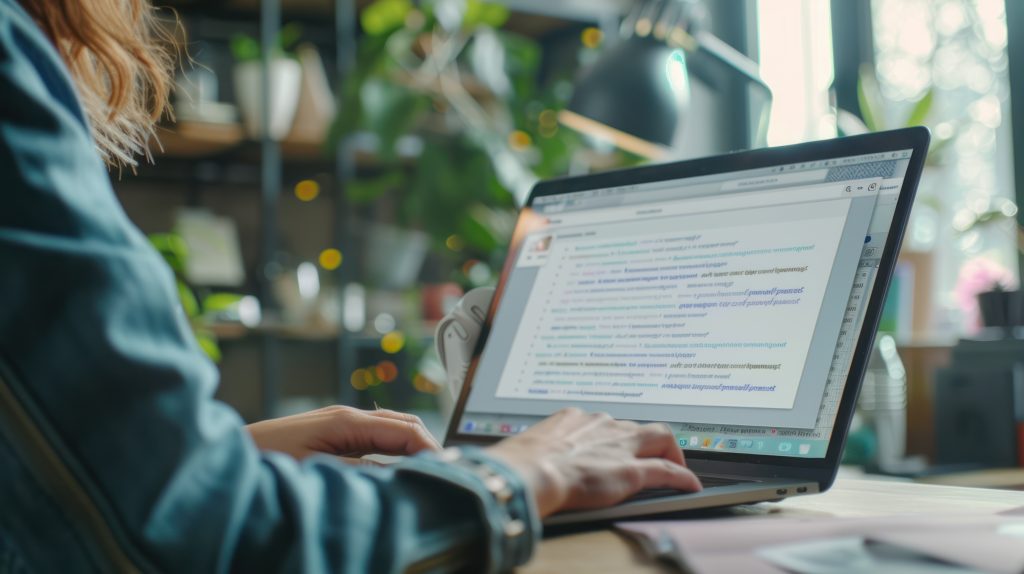 A marketer setting up an email marketing campaign on a computer, with a focus on the email template and contact list, conveying the power of direct marketing.