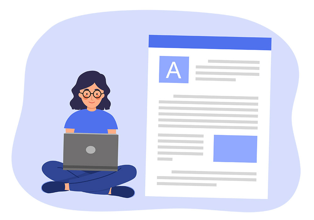 illustration of writer sitting and creating long form content on laptop