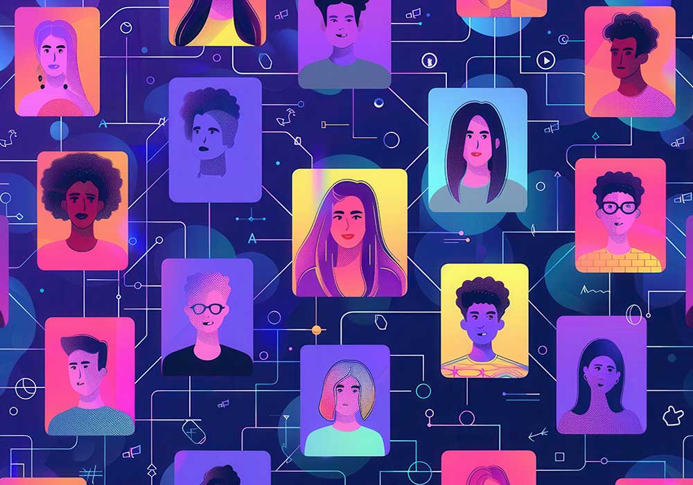 illustration of diverse influencer faces all connected through social media and content