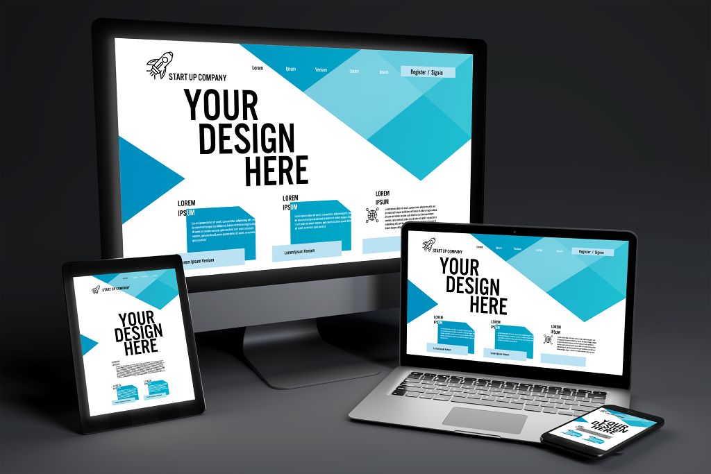 Site computer monitor, laptop, tablet, and smart phone displaying website design